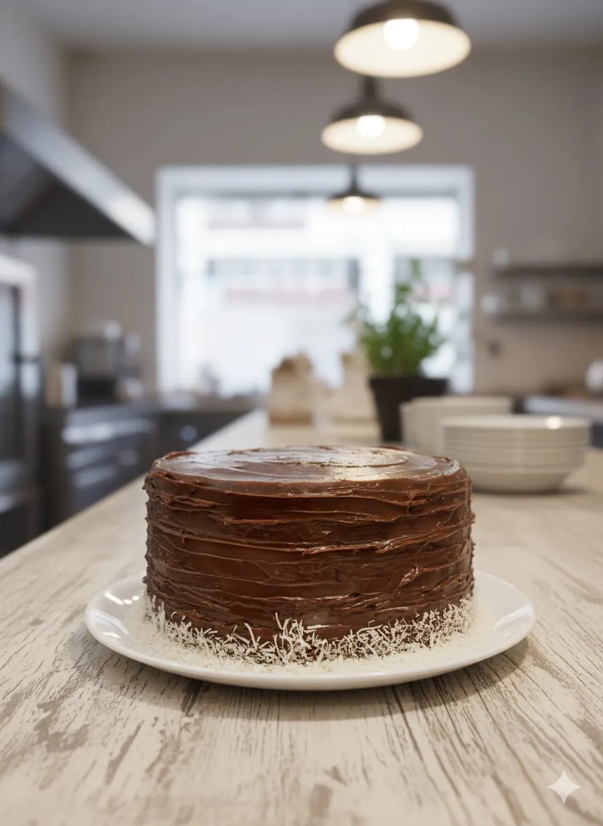 Bolo de festa alto e decorado com cobertura cremosa e acabamento sofisticado, ideal para aniversários e celebrações.