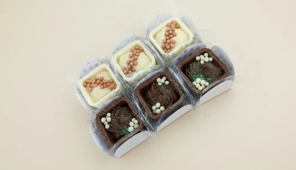 Copinhos de chocolate nobre recheados com mousse cremoso e decorados com frutas frescas e raspas de chocolate.