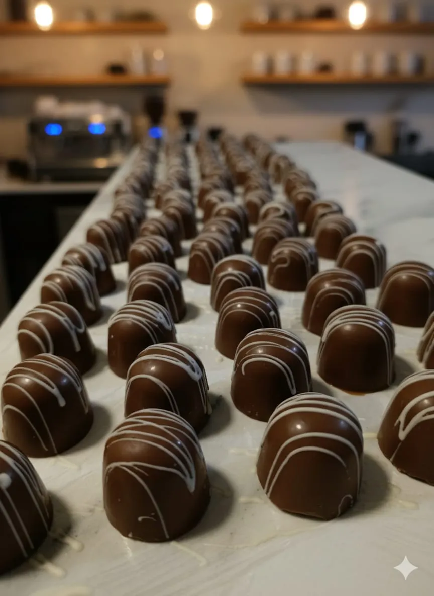 Trufas finas de chocolate com acabamento brilhante e textura aveludada, exibindo recheio cremoso.